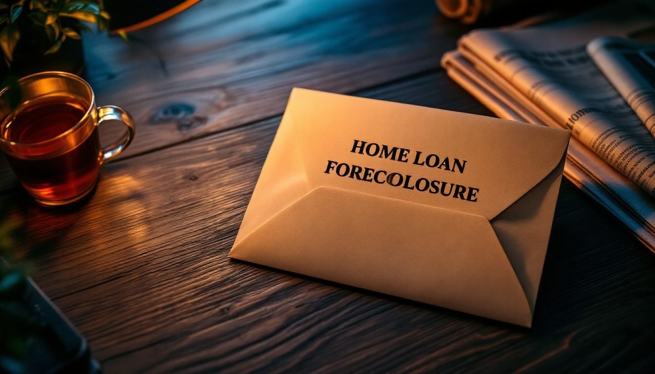 Manila envelope labelled Home Loan Foreclosure on a dark wooden desk with a cup of chai, editorial illustration of Indian home loan foreclosure