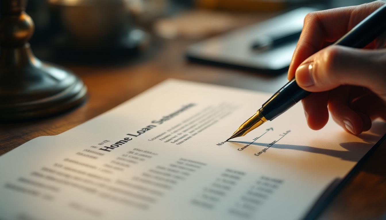 A formal rate reset letter being signed with a fountain pen over a home loan statement, editorial illustration