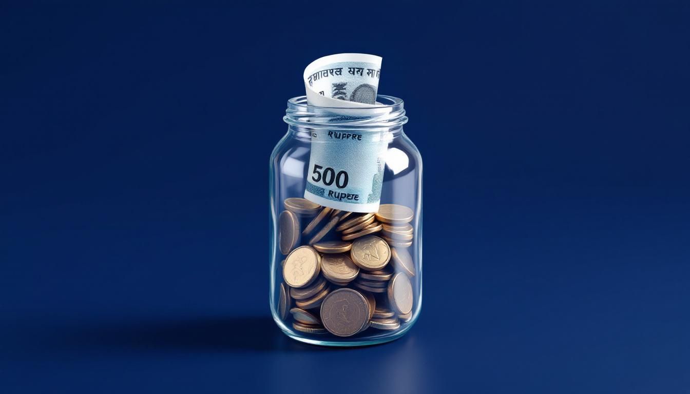 A glass jar holding Indian rupee coins and a 500 rupee note on a deep navy background, editorial illustration of the sweep-account home loan overdraft