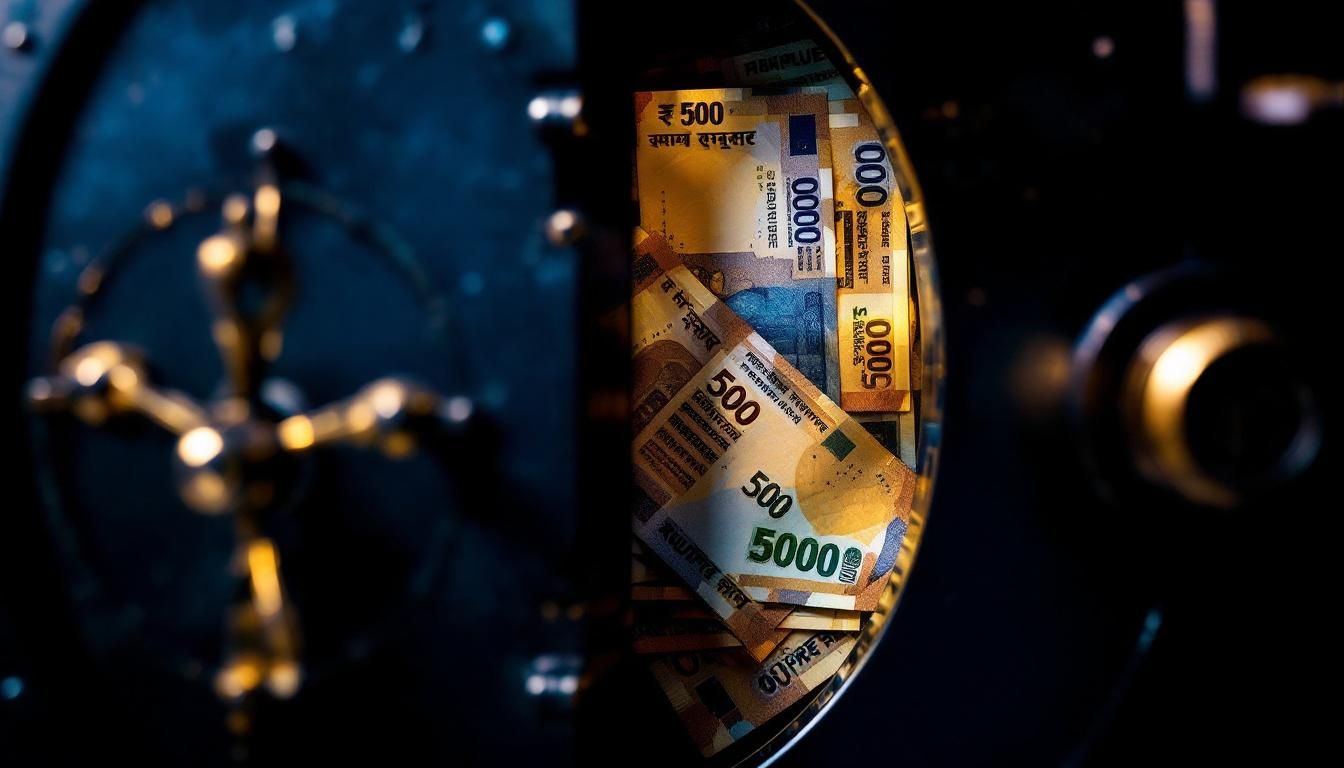A stack of Indian rupee notes partially hidden behind a deep blue bank vault door, editorial illustration of banks pocketing repo rate cuts